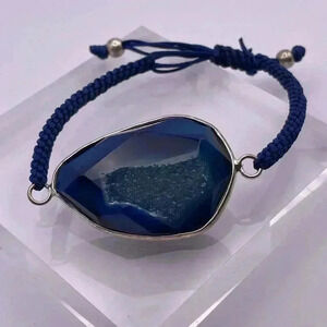 Druzy Natural Blue Agate Macrame Braided Adjustable Bracelet